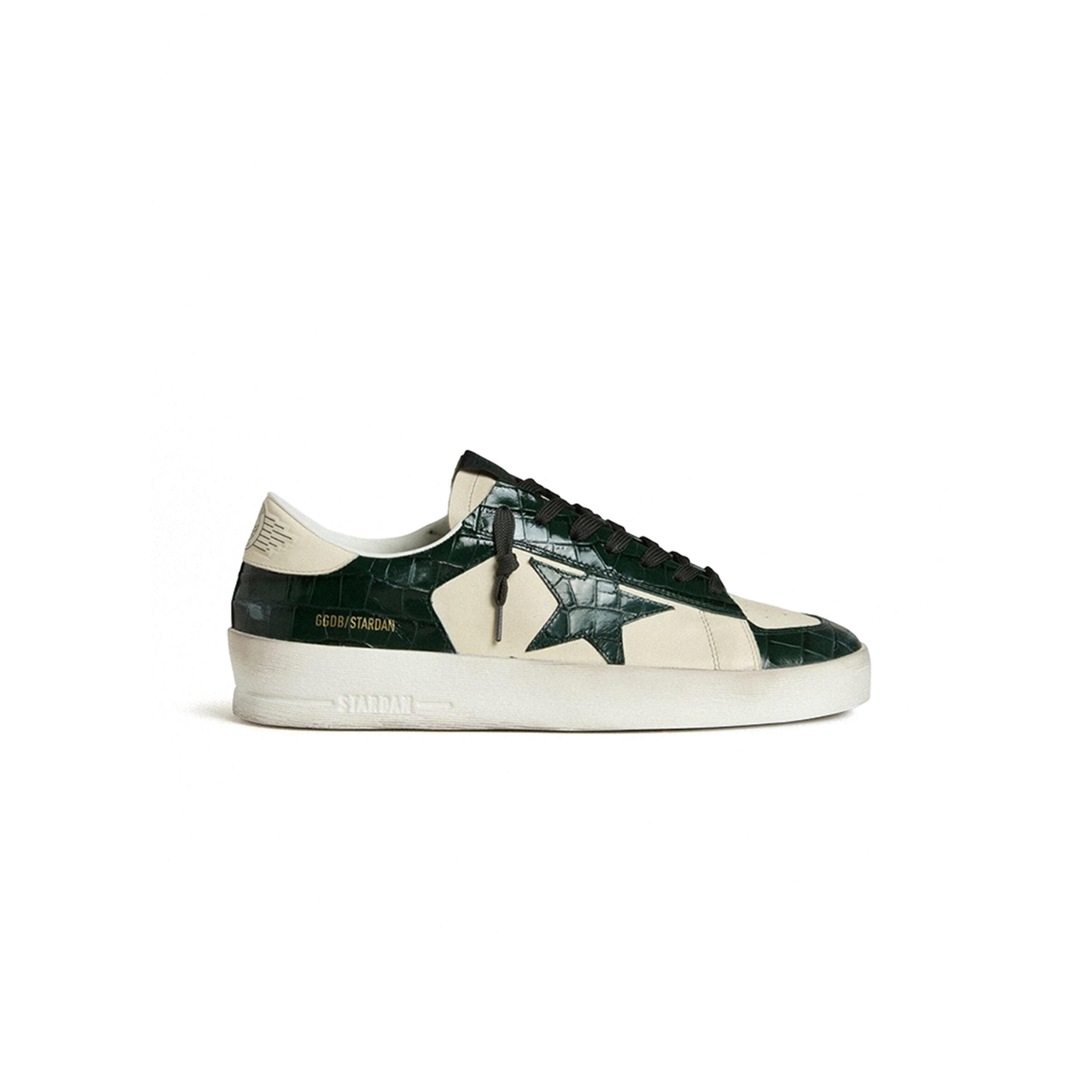 GOLDEN GOOSE MEN'S STARDAN LTD IN CREAM LEATHER WITH GREEN CROCODILE-PRINT LEATHER STAR AND INSERTS GMF00667